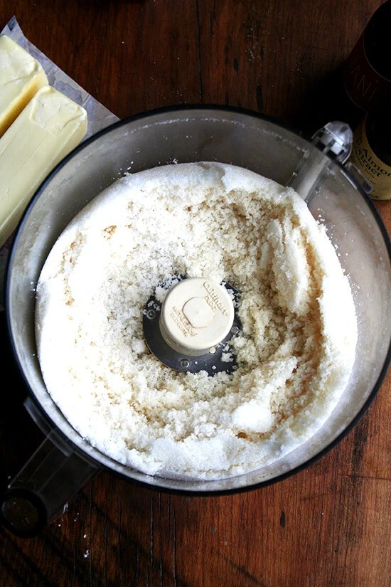  First the almond paste and sugar are blended