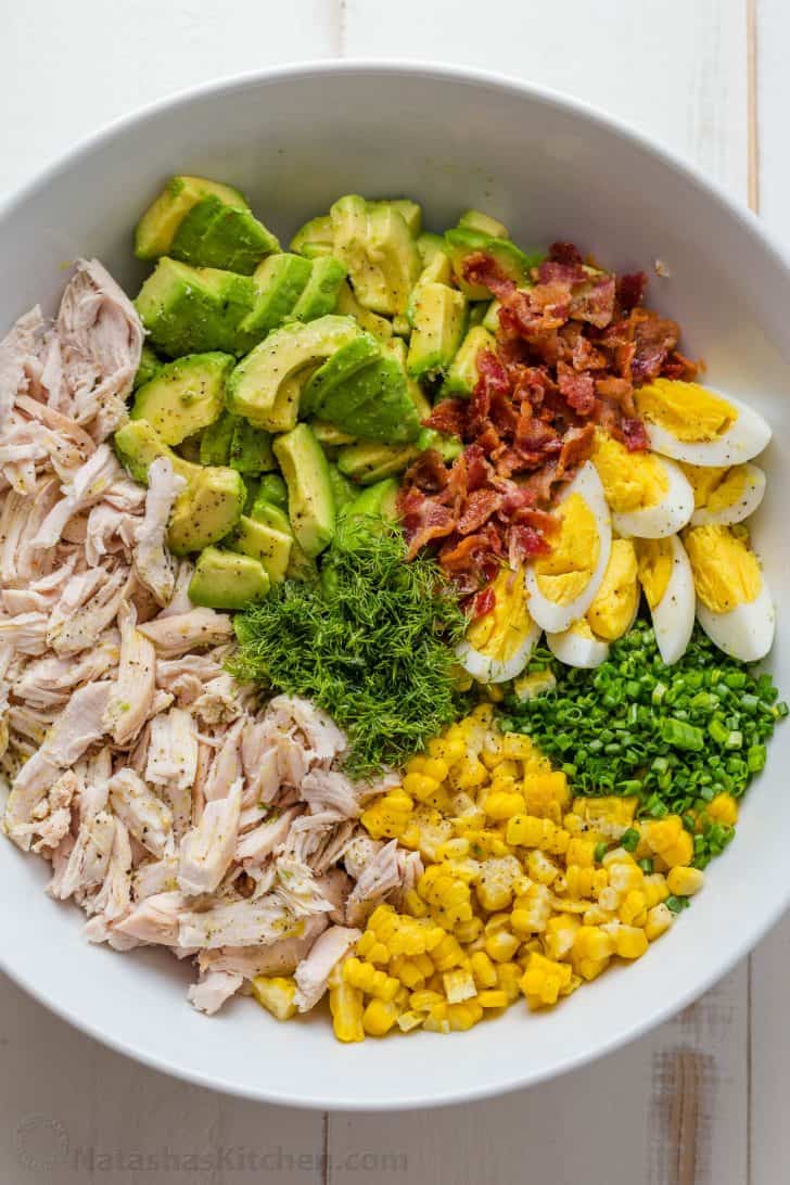 Freshly prepared ingredients ready to be mixed into Avocado Chicken Salad